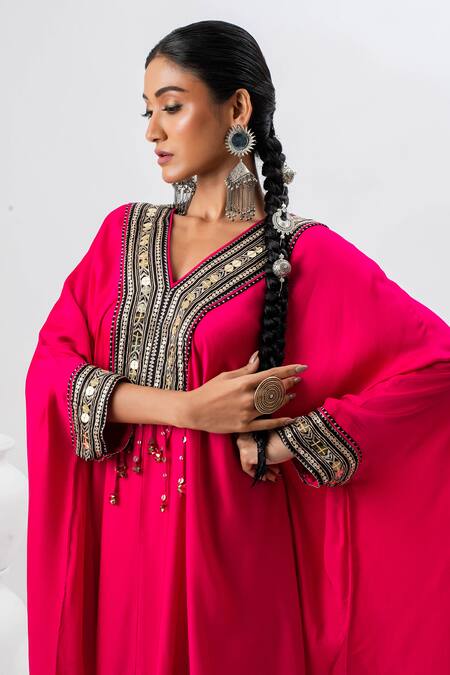 Shop_Prahnaaya_Pink Satin Tassels V-neck Ajrakh Work Kaftan And Wrap Skirt Set _Online_at_Aza_Fashions
