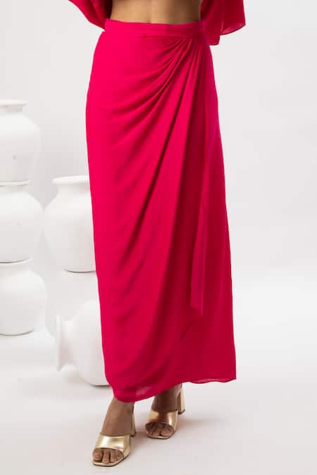 Prahnaaya_Pink Satin Tassels V-neck Ajrakh Work Kaftan And Wrap Skirt Set _at_Aza_Fashions