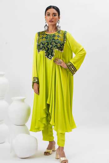 Prahnaaya Green Satin Sequins, Zari, Embroidery Round Neck Yoke Kurta Set Online at Aza Fashions Prahnaaya_Green Satin Sequins, Zari, Embroidery Round Neck Yoke Kurta Set _Online_at_Aza_Fashions