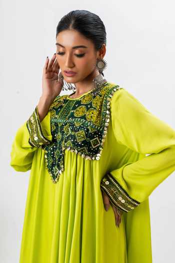 Buy Prahnaaya Green Satin Sequins, Zari, Embroidery Round Neck Yoke Kurta Set Online at Aza Fashions Buy_Prahnaaya_Green Satin Sequins, Zari, Embroidery Round Neck Yoke Kurta Set _Online_at_Aza_Fashions