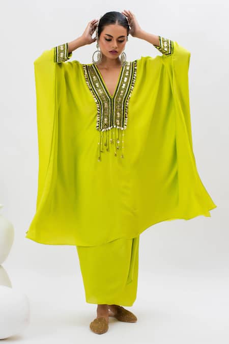 PRAHNAAYA Green Satin Embroidered Ajrakh V Work Neon Kaftan And Wrap Skirt Set 