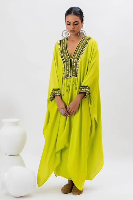Prahnaaya_Green Satin Sequins, Zari V-neck Ajrakh Work Neon Kaftan And Wrap Skirt Set _Online_at_Aza_Fashions