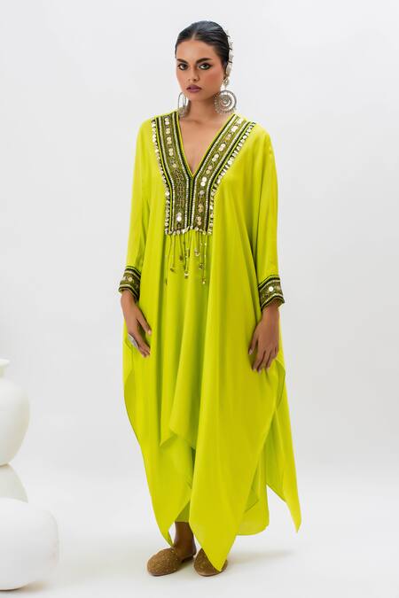 Buy_Prahnaaya_Green Satin Sequins, Zari V-neck Ajrakh Work Neon Kaftan And Wrap Skirt Set _Online_at_Aza_Fashions