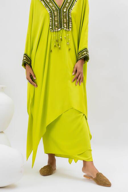 Prahnaaya_Green Satin Sequins, Zari V-neck Ajrakh Work Neon Kaftan And Wrap Skirt Set _at_Aza_Fashions