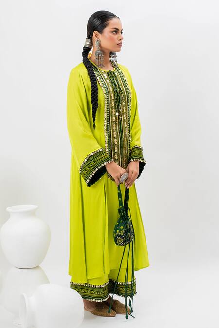 Buy Prahnaaya Green Satin Sequins, Zari, Embroidery Round Neck Kurta And Pant Set Online at Aza Fashions Buy_Prahnaaya_Green Satin Sequins, Zari, Embroidery Round Neck Kurta And Pant Set _Online_at_Aza_Fashions