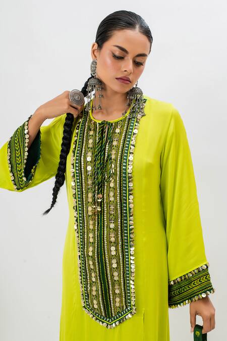 Shop Prahnaaya Green Satin Sequins, Zari, Embroidery Round Neck Kurta And Pant Set Online at Aza Fashions Shop_Prahnaaya_Green Satin Sequins, Zari, Embroidery Round Neck Kurta And Pant Set _Online_at_Aza_Fashions