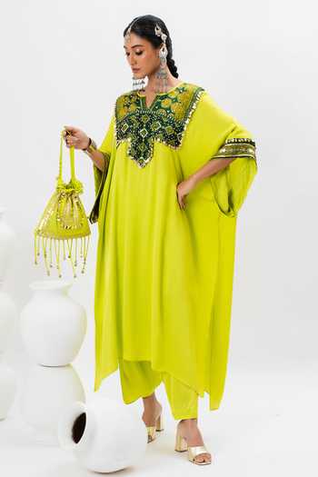 Prahnaaya_Green Satin Sequins, Embroidery Split V-neck Kaftan Kurta And Pant Set _Online_at_Aza_Fashions