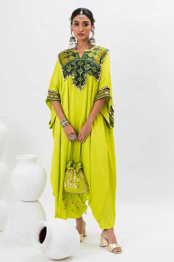Buy_Prahnaaya_Green Satin Sequins, Embroidery Split V-neck Kaftan Kurta And Pant Set _Online_at_Aza_Fashions