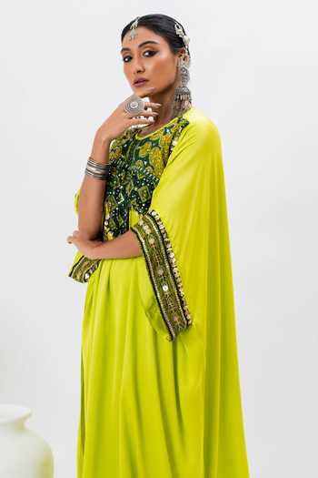 Shop_Prahnaaya_Green Satin Sequins, Embroidery Split V-neck Kaftan Kurta And Pant Set _Online_at_Aza_Fashions