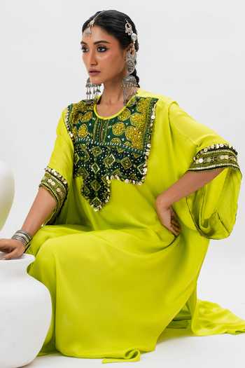 Prahnaaya_Green Satin Sequins, Embroidery Split V-neck Kaftan Kurta And Pant Set _at_Aza_Fashions