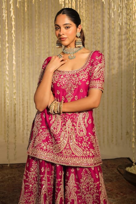Shop_Sheetal Batra_Pink Organza, Satin, , Mazneen Paisley Kurta Flared Pant Set _Online_at_Aza_Fashions