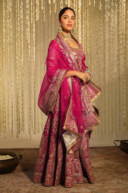 Sheetal Batra_Pink Organza, Satin, , Mazneen Paisley Kurta Flared Pant Set _at_Aza_Fashions