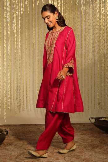 Buy_Sheetal Batra_Pink Silk Sequins, Embroidery Meher Floral Placement Anarkali With Dogri Salwar _Online_at_Aza_Fashions