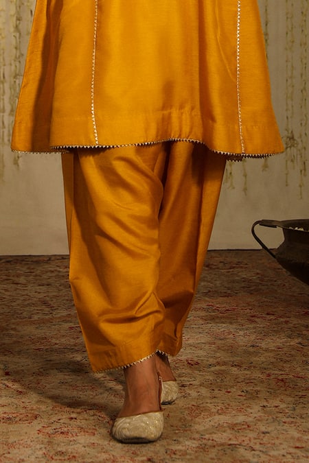 Shop_Sheetal Batra_Yellow , Satin Mehnaaz Paisley Placement Anarkali With Dogri Salwar _Online_at_Aza_Fashions