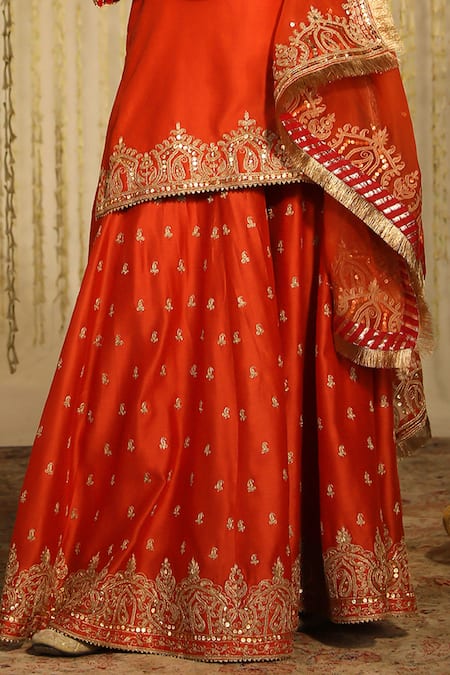 Sheetal Batra_Orange , Chanderi, Organza Mishika Paisley Butti Kurta Sharara Set _Online_at_Aza_Fashions