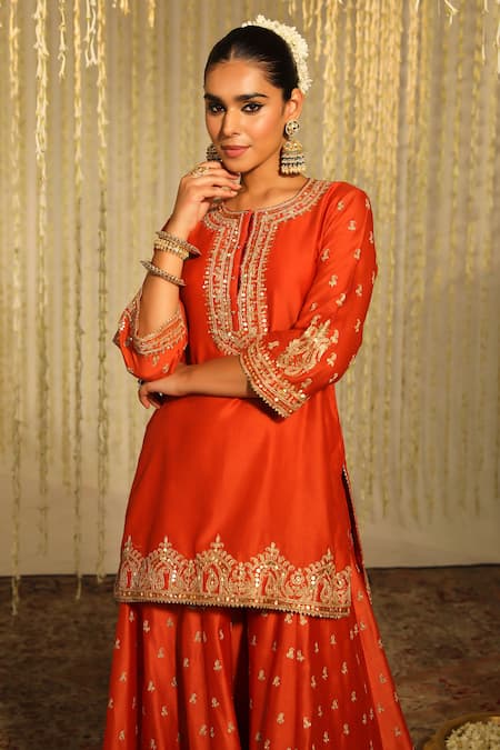 Shop_Sheetal Batra_Orange , Chanderi, Organza Mishika Paisley Butti Kurta Sharara Set _Online_at_Aza_Fashions