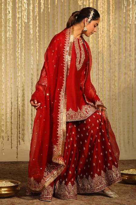 Sheetal Batra_Red Silk Organza, Silk, Chanderi Mishika Paisley Butti Kurta Sharara Set _at_Aza_Fashions