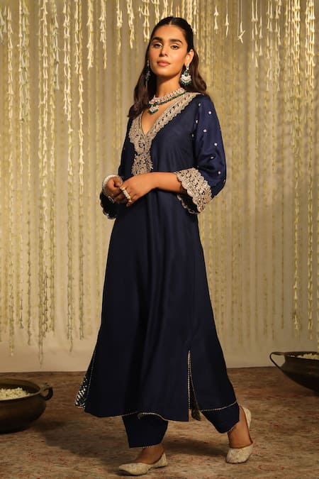 Buy_Sheetal Batra_Blue Silk Sequins, Embroidery Mysha Thread Long Kaftan With Doghri Salwar _Online_at_Aza_Fashions