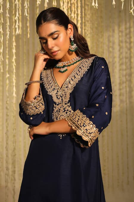 Shop_Sheetal Batra_Blue Silk Sequins, Embroidery Mysha Thread Long Kaftan With Doghri Salwar _Online_at_Aza_Fashions