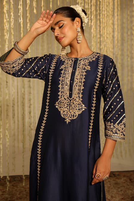 Buy_Sheetal Batra_Blue , Organza, Chanderi Sabirah Paisley Floral Kurta Palazzo Set _Online_at_Aza_Fashions