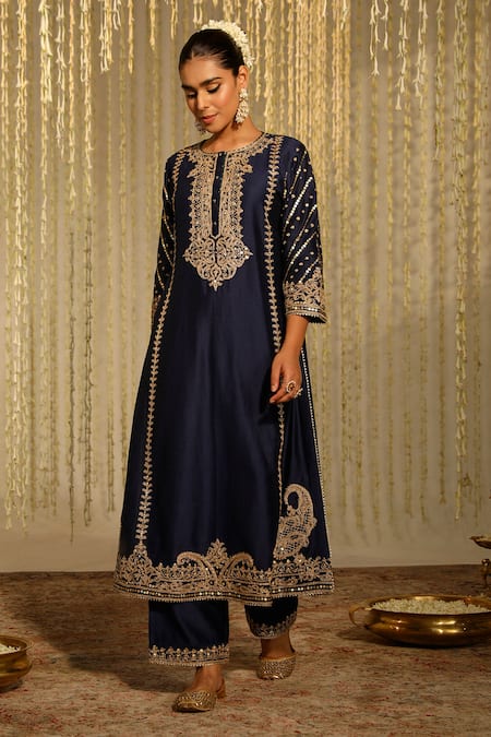 Shop_Sheetal Batra_Blue , Organza, Chanderi Sabirah Paisley Floral Kurta Palazzo Set _Online_at_Aza_Fashions