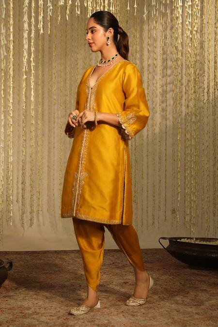 Sheetal Batra Yellow Silk, Chanderi, Bamboo Umrah Paisley Kurta With Tulip Dhoti Pant Online at Aza Fashions Sheetal Batra_Yellow Silk, Chanderi, Bamboo Umrah Paisley Kurta With Tulip Dhoti Pant _Online_at_Aza_Fashions