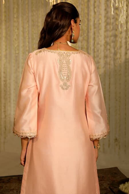 Shop Sheetal Batra Pink Silk, Chanderi, Satin Embroidery, Umrah Kurta With Tulip Dhoti Pant at Aza Fashions Shop_Sheetal Batra_Pink Silk, Chanderi, Satin Embroidery, Umrah Kurta With Tulip Dhoti Pant _at_Aza_Fashions