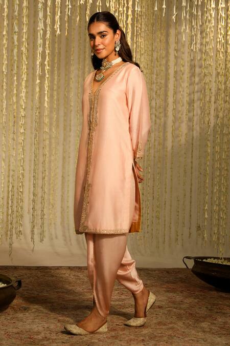 Sheetal Batra Pink Silk, Chanderi, Satin Embroidery, Umrah Kurta With Tulip Dhoti Pant Online at Aza Fashions Sheetal Batra_Pink Silk, Chanderi, Satin Embroidery, Umrah Kurta With Tulip Dhoti Pant _Online_at_Aza_Fashions