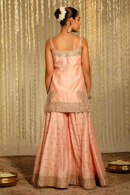 Shop Sheetal Batra Pink Organza, Satin Embroidery, Aabroo Chanderi Kurta Sharara Set at Aza Fashions Shop_Sheetal Batra_Pink Organza, Satin Embroidery, Aabroo Chanderi Kurta Sharara Set _at_Aza_Fashions