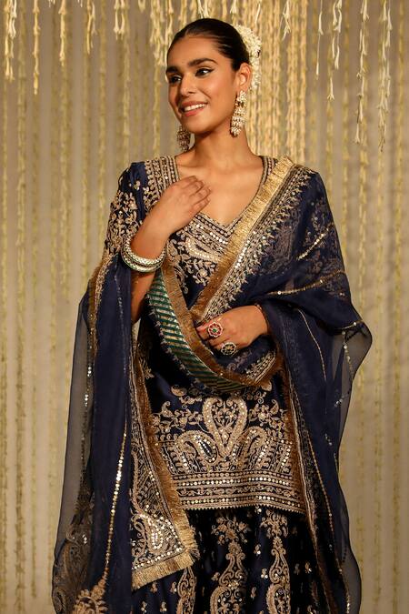 Buy_Sheetal Batra_Blue Silk Organza Embroidery, Sequins Aafiya Chanderi Kiran Dori Work Kurta Set _Online_at_Aza_Fashions