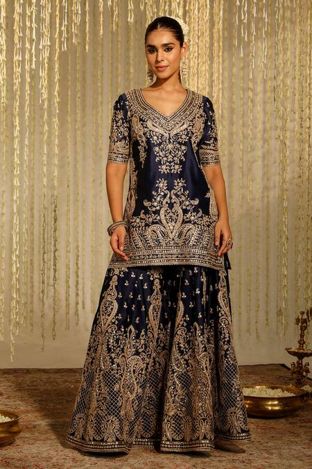 Shop_Sheetal Batra_Blue Silk Organza Embroidery, Sequins Aafiya Chanderi Kiran Dori Work Kurta Set _Online_at_Aza_Fashions
