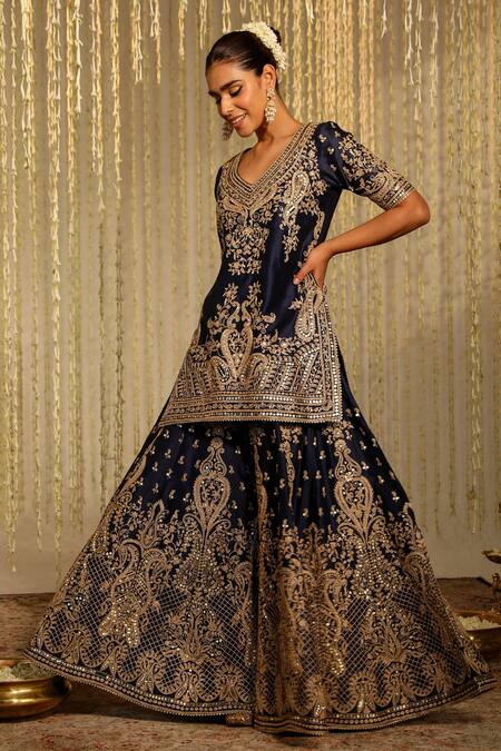 Sheetal Batra_Blue Silk Organza Embroidery, Sequins Aafiya Chanderi Kiran Dori Work Kurta Set _at_Aza_Fashions
