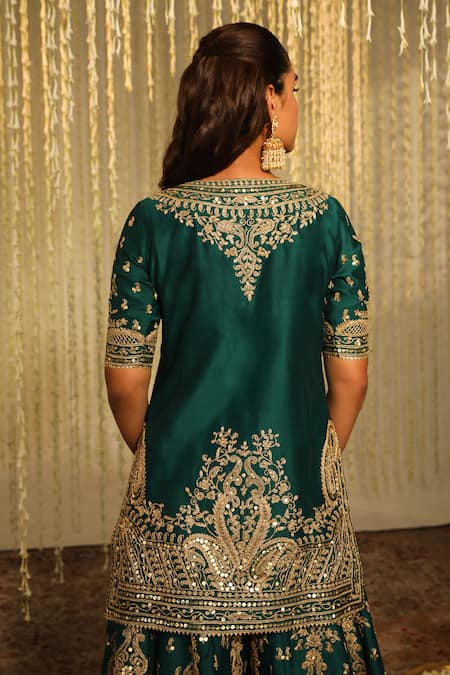 Shop Sheetal Batra Green , Chanderi, Organza Sequins, Aafiya Kurta Flared Pant Set at Aza Fashions Shop_Sheetal Batra_Green , Chanderi, Organza Sequins, Aafiya Kurta Flared Pant Set _at_Aza_Fashions