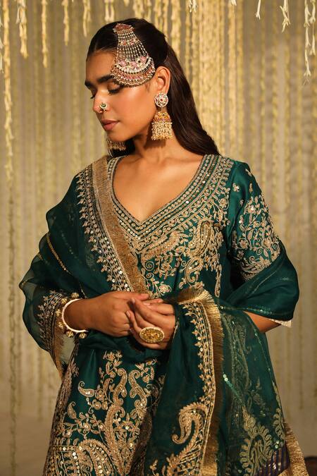 Buy Sheetal Batra Green , Chanderi, Organza Sequins, Aafiya Kurta Flared Pant Set Online at Aza Fashions Buy_Sheetal Batra_Green , Chanderi, Organza Sequins, Aafiya Kurta Flared Pant Set _Online_at_Aza_Fashions