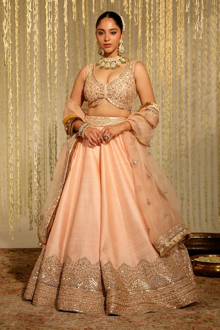 Pink Organza Lehenga With Golden Sequins Blouse & Mirror Dupatta – Shivali  Arora