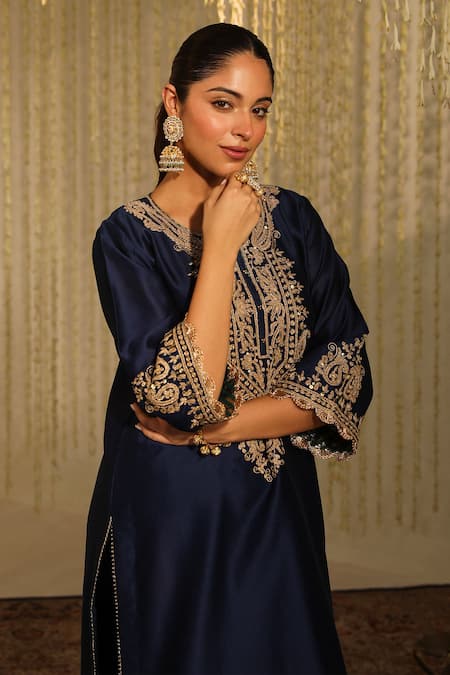 Buy_Sheetal Batra_Blue Silk, Chanderi Sequins, Amayra Paisley Embroidered Kurta And Dhoti Pant Set _Online_at_Aza_Fashions