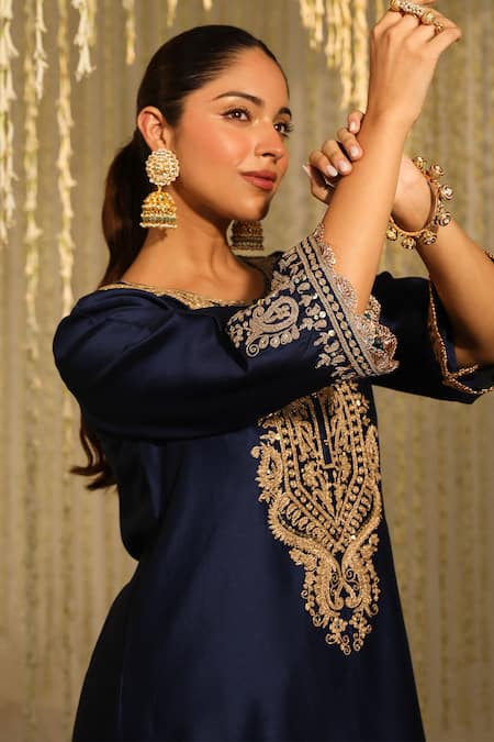 Shop_Sheetal Batra_Blue Silk, Chanderi Sequins, Amayra Paisley Embroidered Kurta And Dhoti Pant Set _Online_at_Aza_Fashions