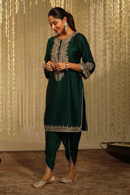 Buy_Sheetal Batra_Emerald Green Silk, Amayra Kiran Dori Embroidered Kurta And Dhoti Pant Set _Online_at_Aza_Fashions