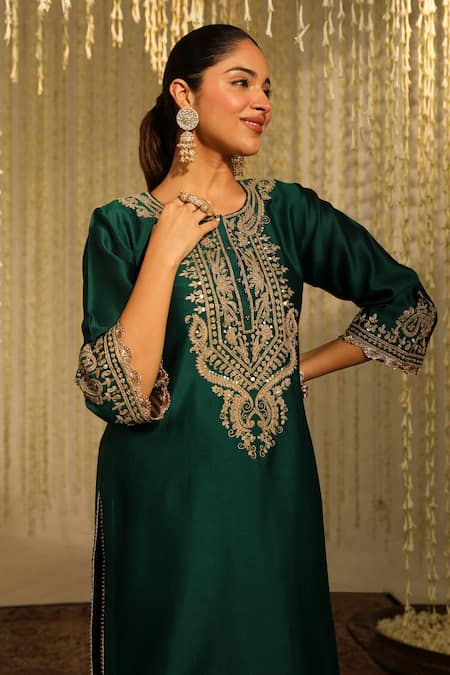 Shop_Sheetal Batra_Emerald Green Silk, Amayra Kiran Dori Embroidered Kurta And Dhoti Pant Set _Online_at_Aza_Fashions