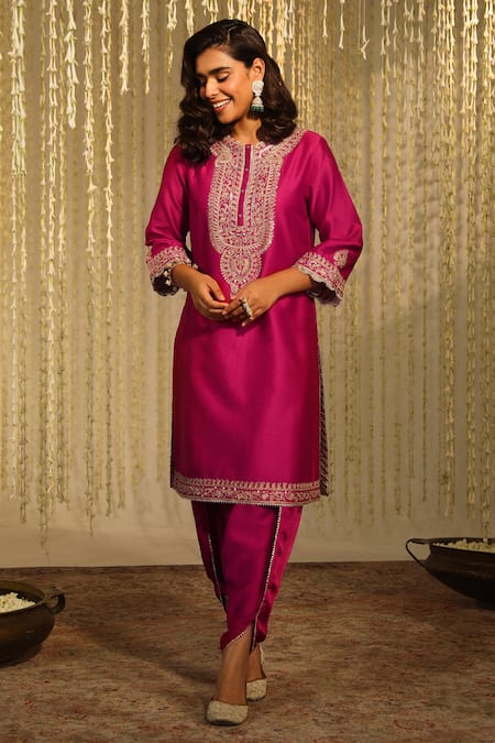Sheetal Batra Pink Kurta Silk Chanderi Embroidery Kiran Enisa Placket And Dhoti Pant Set