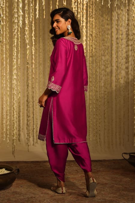 Shop_Sheetal Batra_Pink Silk Sequins Enisa Kiran Dori Placket Embroidered Kurta And Dhoti Pant Set _at_Aza_Fashions
