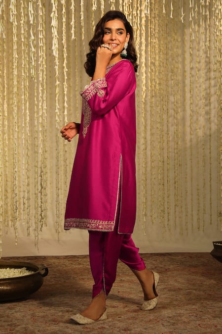 Buy_Sheetal Batra_Pink Silk Sequins Enisa Kiran Dori Placket Embroidered Kurta And Dhoti Pant Set _Online_at_Aza_Fashions