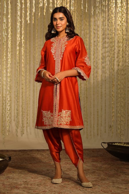 Sheetal Batra Orange Kurta Silk Chanderi Embroidery Kiran Dori Gulbano And Dhoti Pant Set