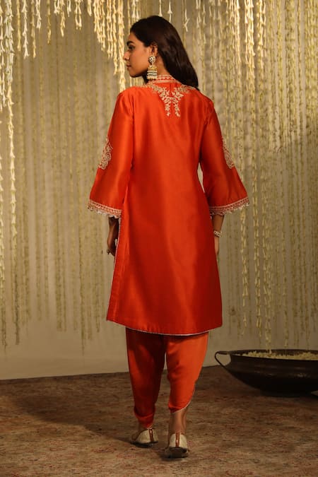 Shop Sheetal Batra Orange Silk, Satin Sequins Round Neck Gulbano Embroidered Kurta And Dhoti Pant Set at Aza Fashions Shop_Sheetal Batra_Orange Silk, Satin Sequins Round Neck Gulbano Embroidered Kurta And Dhoti Pant Set _at_Aza_Fashions