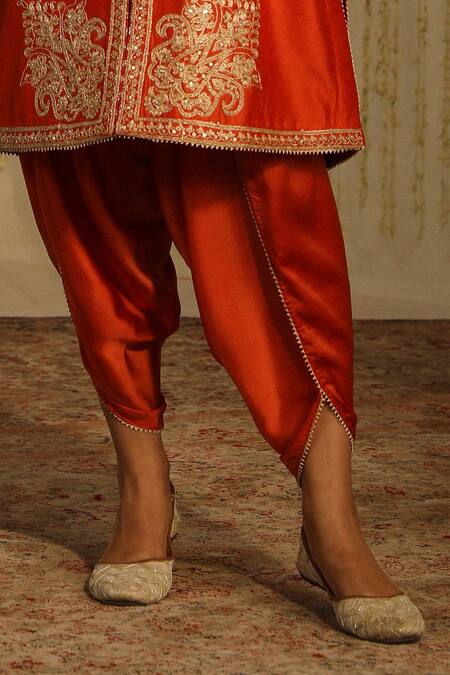 Sheetal Batra Orange Silk, Satin Sequins Round Neck Gulbano Embroidered Kurta And Dhoti Pant Set Online at Aza Fashions Sheetal Batra_Orange Silk, Satin Sequins Round Neck Gulbano Embroidered Kurta And Dhoti Pant Set _Online_at_Aza_Fashions