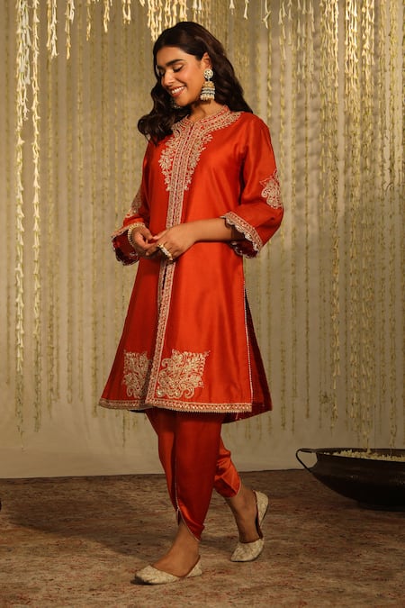 Buy Sheetal Batra Orange Silk, Satin Sequins Round Neck Gulbano Embroidered Kurta And Dhoti Pant Set Online at Aza Fashions Buy_Sheetal Batra_Orange Silk, Satin Sequins Round Neck Gulbano Embroidered Kurta And Dhoti Pant Set _Online_at_Aza_Fashions