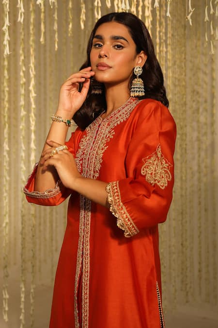 Shop Sheetal Batra Orange Silk, Satin Sequins Round Neck Gulbano Embroidered Kurta And Dhoti Pant Set Online at Aza Fashions Shop_Sheetal Batra_Orange Silk, Satin Sequins Round Neck Gulbano Embroidered Kurta And Dhoti Pant Set _Online_at_Aza_Fashions
