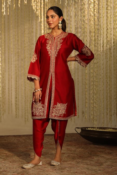 Sheetal Batra Red Kurta Silk Chanderi Embroidery Kiran Dori Gulbano Floral And Dhoti Pant Set