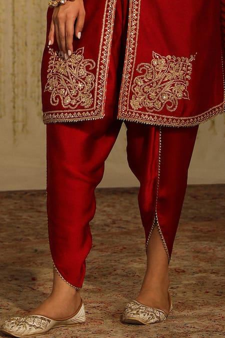 Sheetal Batra_Red Silk, Satin Sequins Round Gulbano Floral Embroidered Kurta And Dhoti Pant Set _Online_at_Aza_Fashions