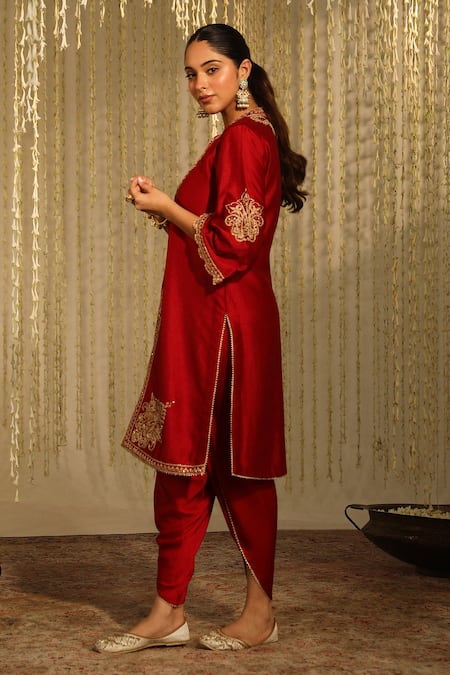 Buy_Sheetal Batra_Red Silk, Satin Sequins Round Gulbano Floral Embroidered Kurta And Dhoti Pant Set _Online_at_Aza_Fashions